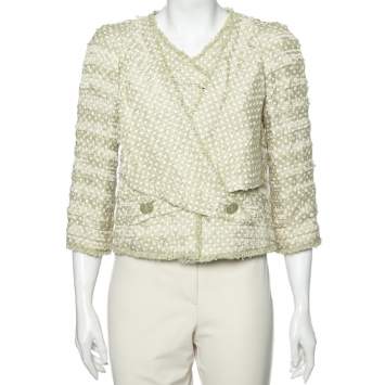 Pre Owned Chanel Green Polka Dotted Overlay Tweed Button Front Blazer M