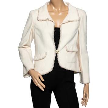 Pre Owned Chanel Cream Textured Wool Button Front Blazer Jacket M 