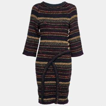 Pre Owned Chanel Multicolor Striped Lurex Knit Wool Button Detail Dress M