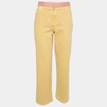 Pre Owned Chanel Yellow Denim Velcro Trim Detailed Straight Leg Jeans M