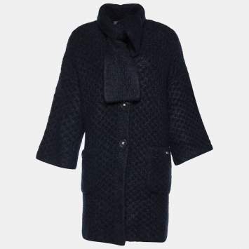 Pre Owned Chanel Navy Blue Cashmere & Silk Chunky Knit Scarf Detail Coat M