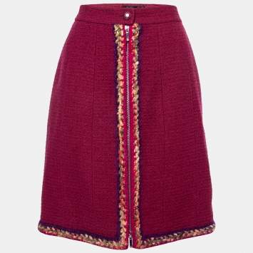 Pre Owned Chanel Burgundy Tweed Braid Trimmed Skirt L