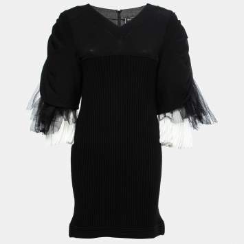 Pre Owned Chanel Black Rib Knit & Tulle Inset Detailed Dress L