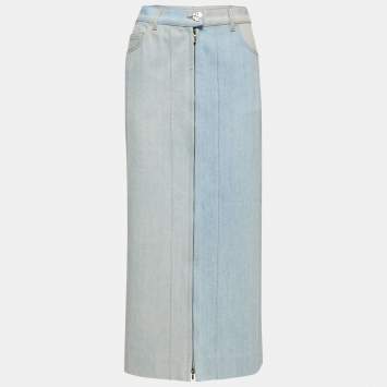 Pre Owned Chanel Light Blue Washed Denim Midi Skirt M