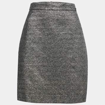 Pre Owned Chanel Gold Metallic Tweed A-Line Knee-Length Skirt L