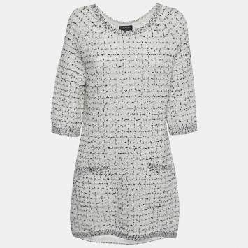 Pre Owned Chanel White Tweed Pocket Detail Short Dress L
