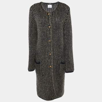 Pre Owned Chanel Black/Metallic Lurex Knit Buttoned Long Cardigan Coat L