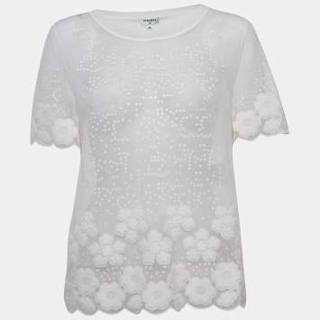 Pre Owned Chanel White Sequin Embroidered Mesh Pullover Top M