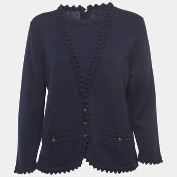 Pre Owned Chanel Navy Blue Cashmere Button Detailed Round Neck Sweater XL