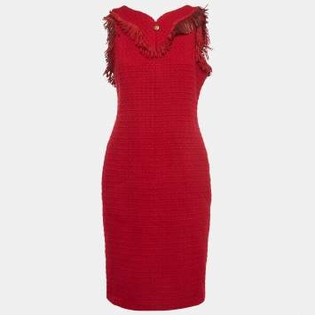 Pre Owned Chanel Red Suede Fringed Tweed Sleeveless Short Dress L