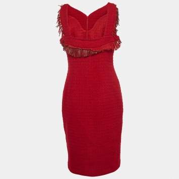 Pre Owned Chanel Red Suede Fringed Tweed Sleeveless Short Dress L