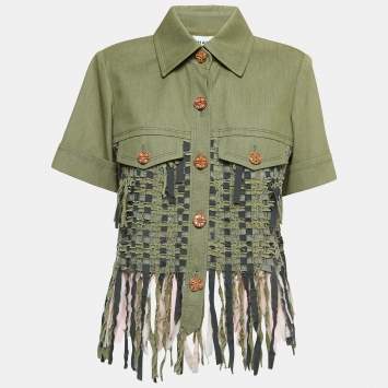 Pre Owned Chanel Green Gabardine Cuba Fringed Short Sleeve Jacket L 