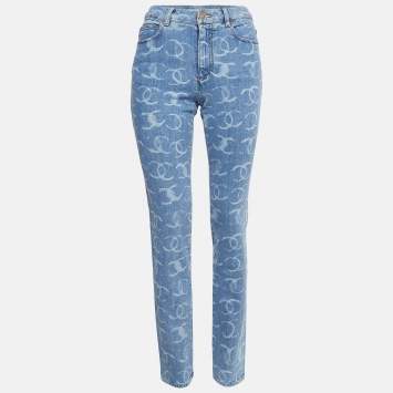 Pre Owned Chanel Blue CC Print Denim Embellished Jeans S Waist 28"