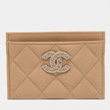 Pre Owned Chanel Beige Quilted Caviar Leather CC Chain Card Holder