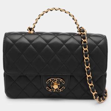 Pre Owned Chanel Black Quilted Leather Mini Flap Top Handle Bag