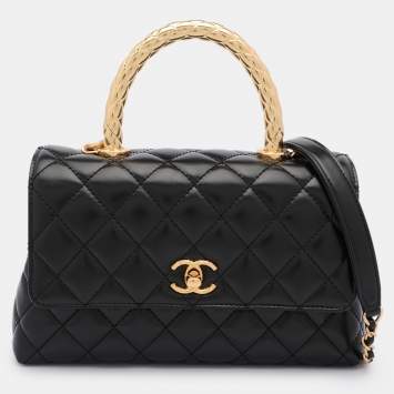 Pre Owned Chanel Black Quilted Leather Small Coco Metal Top Handle Bag