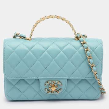 Pre Owned Chanel Blue Quilted Leather Mini Strass On Flap Top Handle Bag