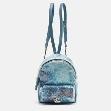 Pre Owned Chanel Light Blue Sequins Mini Waterfall Backpack