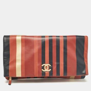 Pre Owned Chanel Multicolor Striped Leather Foldover Clutch