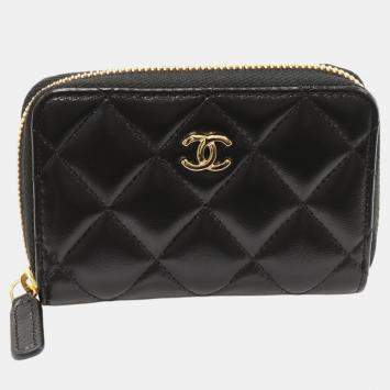 Pre Owned Chanel  Black Lambskin Leather Classic Zip Coin Case 