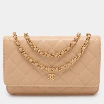 Pre Owned Chanel Beige Quilted Caviar Leather CC Wallet On Chain