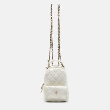 Pre Owned Chanel White Quilted Caviar Leather Mini CC Classic Backpack