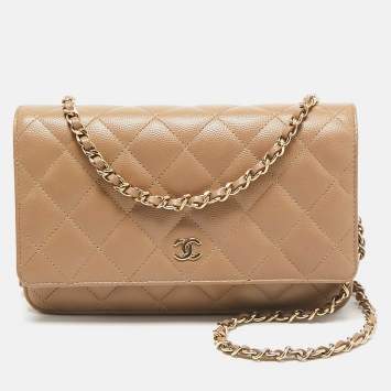 Pre Owned Chanel Brown Quilted Caviar Leather Classic Wallet on Chain