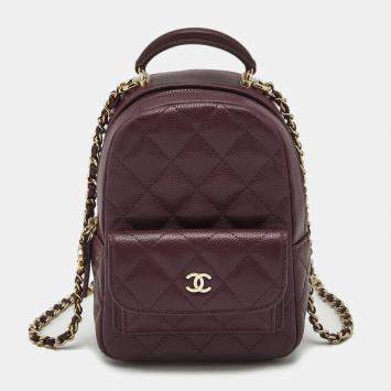 Pre Owned Chanel Burgundy Quilted Caviar Leather Mini CC Classic Backpack