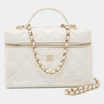 Chanel White Quilted Caviar Leather CC Long Vanity Case Bag
