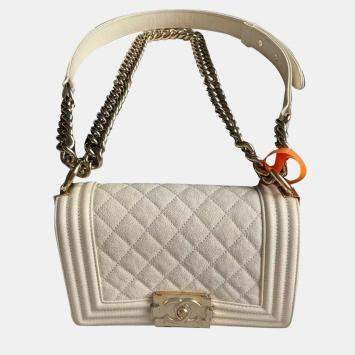 Pre Owned Chanel Beige Leather Small Boy Shoulder Bag