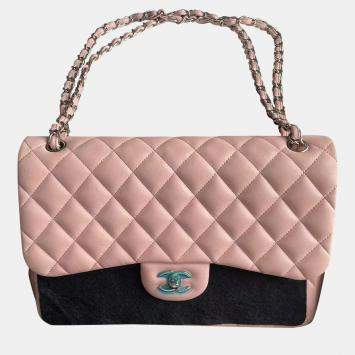 Pre Owned Chanel Pink Leather Jumbo Classic Double Flap Bag