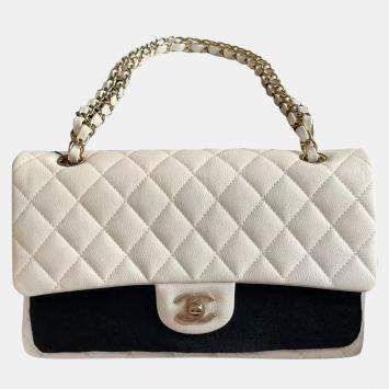 Pre Owned Chanel White Gold Button Caviar Leather Medium Bag