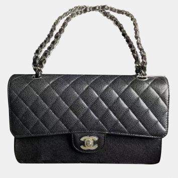 Pre Owned Chanel Black Silver Caviar Leather Medium Bag