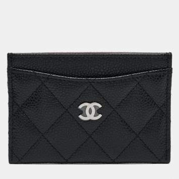 Pre Owned Chanel Black Quilted Caviar Leather CC Card Holder