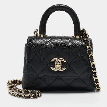 Pre Owned Chanel Black Quilted Caviar Leather Nano Coco Handle Chain Clutch