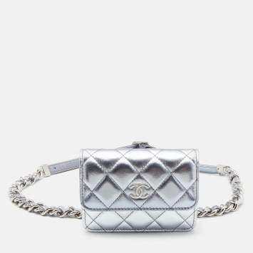Pre Owned Chanel Silver Quilted Leather CC Chain Belt Bag