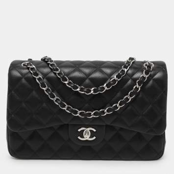 Pre Owned Chanel Black Quilted Leather Jumbo Classic Double Flap Bag