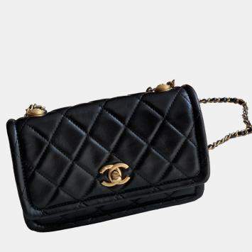Chanel Black Shiny Lambskin Flap Clutch With Chain 