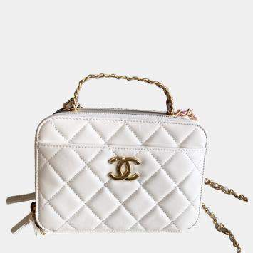 Pre Owned Chanel White Leather Interlocking CC Logo Pick Me Up Vanity Case