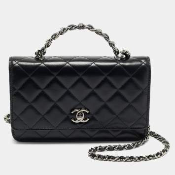 Chanel Black Quilted Leather Top Handle Wallet on Chain