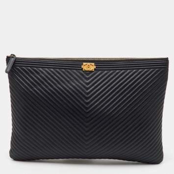 Chanel Black Leather Boy Chevron Large O-Case Zip Pouch