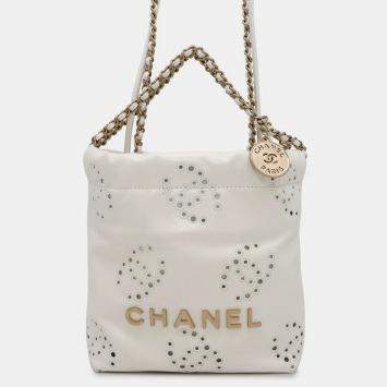 Chanel Chanel22 Handbag Cc Logo Punching White Shiny Calf Leather Size Mini