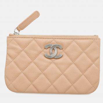 Pre Owned Chanel Cc Logo Matelasse Mini Pouch Beige Caviar Leather