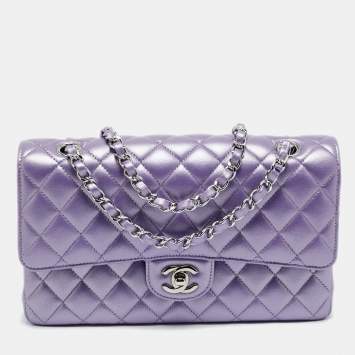 Pre Owned Chanel Metallic Purple Quilted Leather Medium Classic Double Flap Bag