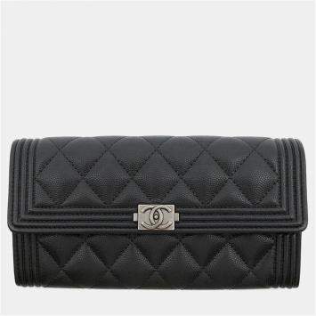 Pre Owned Chanel Boy Chanel Black Caviar Leather Long Flap Wallet