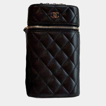 Pre Owned Chanel CC Vanity Black Leather Verical Phone Holder with Chain