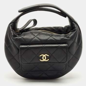 Pre Owned Chanel Black Quilted Caviar Leather Mini Round Hobo