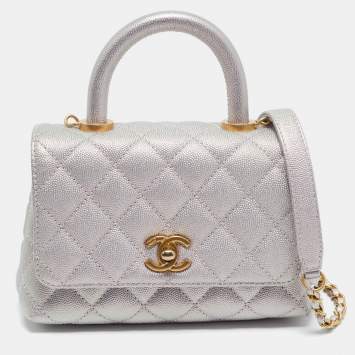 Pre Owned Chanel Pink Iridescent Quilted Caviar Leather Extra Mini Coco Top Handle Bag