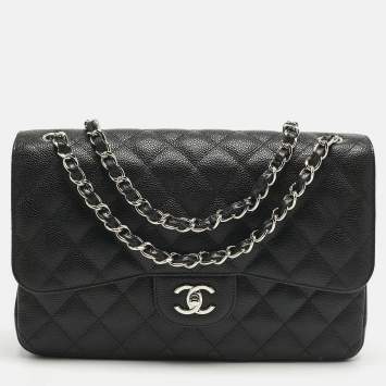 Pre Owned Chanel Black Quilted Caviar Leather Jumbo Classic Double Flap Bag