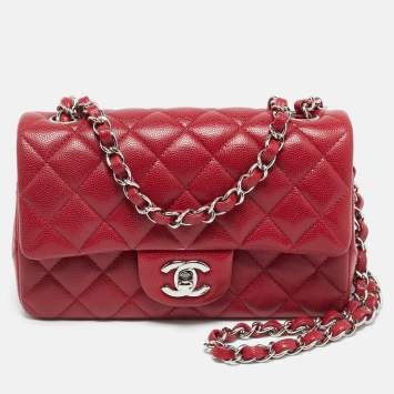 Pre Owned Chanel Red Quilted Caviar Leather Mini Classic Single Flap Bag